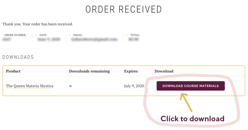 Instructional screenshot of checkout on how to download course materials